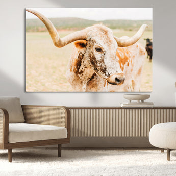 21060648-MGV-CV-36X24-Texas Longhorn Wall Art Canvas Print, Framed Speckled Cow Art Picture Print, Rustic Bull Perfect Rustic Western Decor Artwork