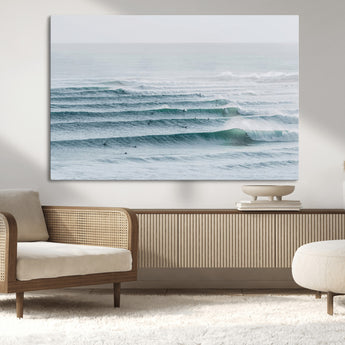 73969318-MGV-CV-36X24-Ocean Waves Wall Art Canvas Print, Framed Surfer Lineup Art Picture Print, Crowded Ocean Perfect Minimal Coastal Decor Artwork