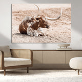 25407592-MGV-CV-36X24-Texas Longhorn Wall Art Canvas Print, Framed Resting Bull Art Picture Print, Spotted Cattle Perfect Rustic Western Decor Artwork