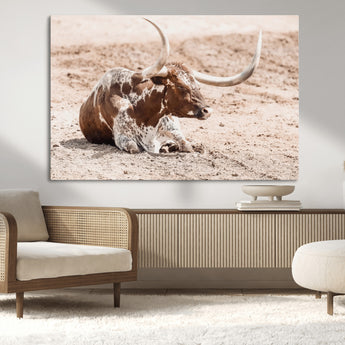 25407592-MGV-CV-36X24-Texas Longhorn Wall Art Canvas Print, Framed Resting Bull Art Picture Print, Spotted Cattle Perfect Rustic Western Decor Artwork