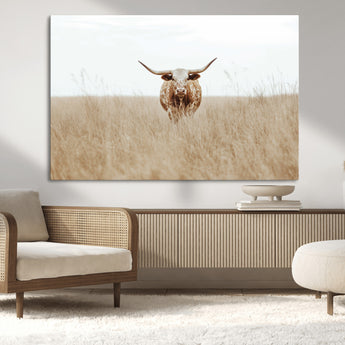 20927060-MGV-CV-36X24-Texas Longhorn Wall Art Canvas Print, Framed Lone Cattle Art Picture Print, Longhorn Bull Perfect Rustic Western Decor Artwork