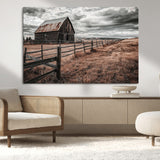 73898372-MGV-CV-36X24-Rustic Barn Wall Art Canvas Print, Framed Moody Field Art Picture Print, Weathered Fence Perfect Moody Farmhouse Decor Artwork