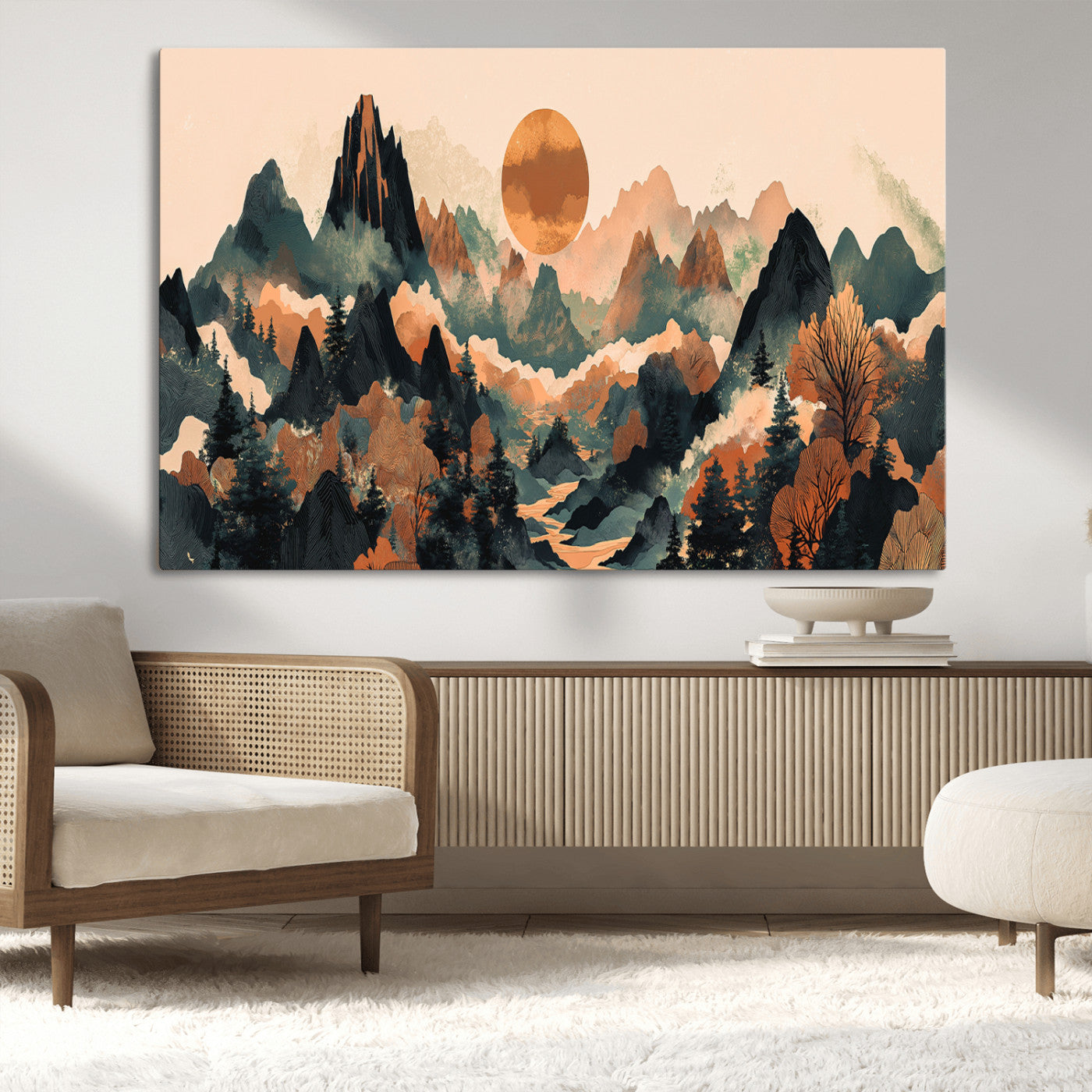 13012770-MGV-CV-36X24-Mountain Landscape Wall Art – Modern Nature Canvas Print with Sun, Misty Peaks, and Forest in Orange and Green Tones for Living