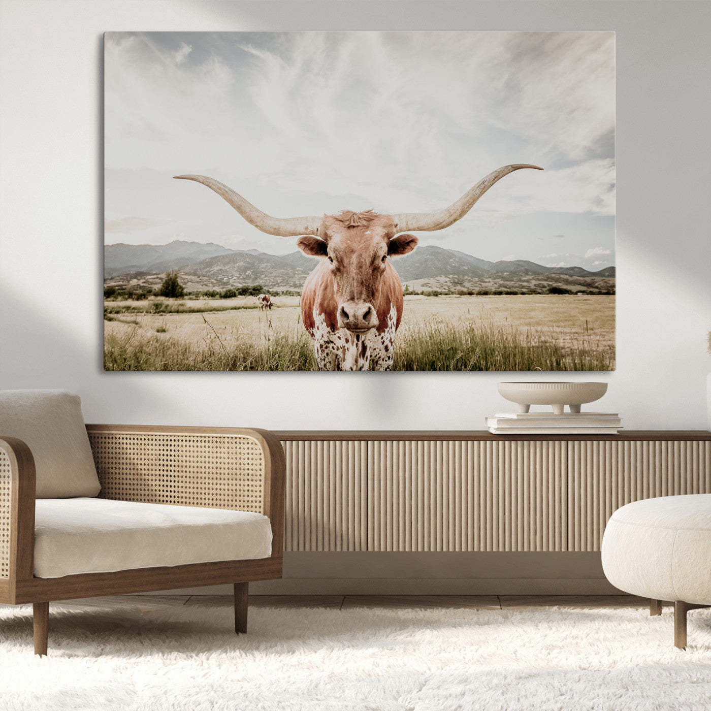 80054319-MGV-CV-36X24-Texas Longhorn Wall Art Canvas Print, Framed Western Cow Art Picture Print, Rustic Farmhouse Perfect Farmhouse Decor Artwork
