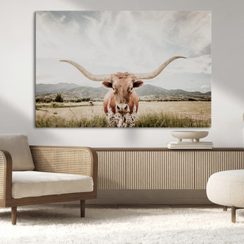 80054319-MGV-CV-36X24-Longhorn Wall Art – Rustic Western Canvas Print, Majestic Bull Artwork for Farmhouse, Ranch or Living Room
