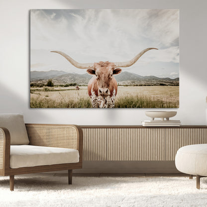 80054319-MGV-CV-36X24-Longhorn Wall Art – Rustic Western Canvas Print, Majestic Bull Artwork for Farmhouse, Ranch or Living Room