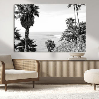89458520-MGV-CV-36X24-Palm Trees Wall Art Canvas Print, Framed Coastal View Art Picture Print, Ocean Horizon Perfect Monochrome Coast Decor Artwork