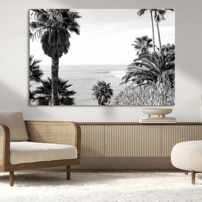 89458520-MGV-CV-36X24-Palm Trees Wall Art Canvas Print, Framed Coastal View Art Picture Print, Ocean Horizon Perfect Monochrome Coast Decor Artwork