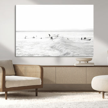 33449548-MGV-CV-36X24-Group Surfers Wall Art Canvas Print, Framed Ocean Wave Art Picture Print, Surf Crowd Perfect Monochrome Surf Decor Artwork