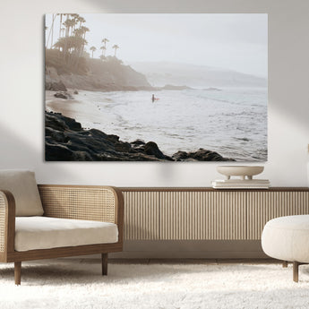 62501405-MGV-CV-36X24-Misty Beach Wall Art Canvas Print, Framed California Surfer Art Picture Print, Coastal Cliff Perfect Coastal Beach Decor Artwork