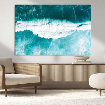 23828594-MGV-CV-36X24-Aerial Waves Wall Art Canvas Print, Framed Ocean Break Art Picture Print, Sea Foam Perfect Tropical Coastal Decor Artwork