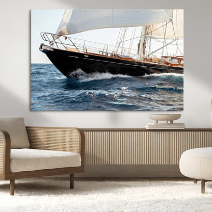 97168626-MGV-CV-36X24-Sailing Yacht Wall Art Canvas Print, Framed Wooden Yacht Art Picture Print, Ocean Waves Perfect Nautical Coastal Decor Artwork