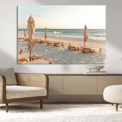 58507949-MGV-CV-36X24-Beach Umbrellas Wall Art Canvas Print, Framed Empty Loungers Art Picture Print, Soft Sand Perfect Minimalist Seaside Decor Artwork