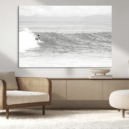 81535128-MGV-CV-36X24-Surfer Woman Wall Art Canvas Print, Framed Black Ocean Art Picture Print, Ocean Surfing Perfect Monochrome Coastal Decor Artwork