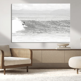 81535128-MGV-CV-36X24-Surfer Woman Wall Art Canvas Print, Framed Black Ocean Art Picture Print, Ocean Surfing Perfect Monochrome Coastal Decor Artwork