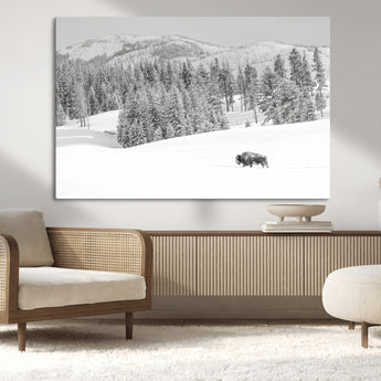 68081143-MGV-CV-36X24-Snowy Bison Wall Art Canvas Print, Framed Winter Forest Art Picture Print, Lone Bison Perfect Monochrome Winter Wild Decor Artwork