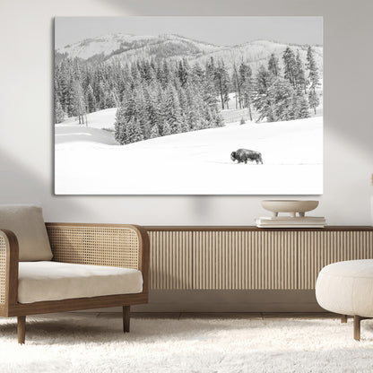 68081143-MGV-CV-36X24-Snowy Bison Wall Art Canvas Print, Framed Winter Forest Art Picture Print, Lone Bison Perfect Monochrome Winter Wild Decor Artwork