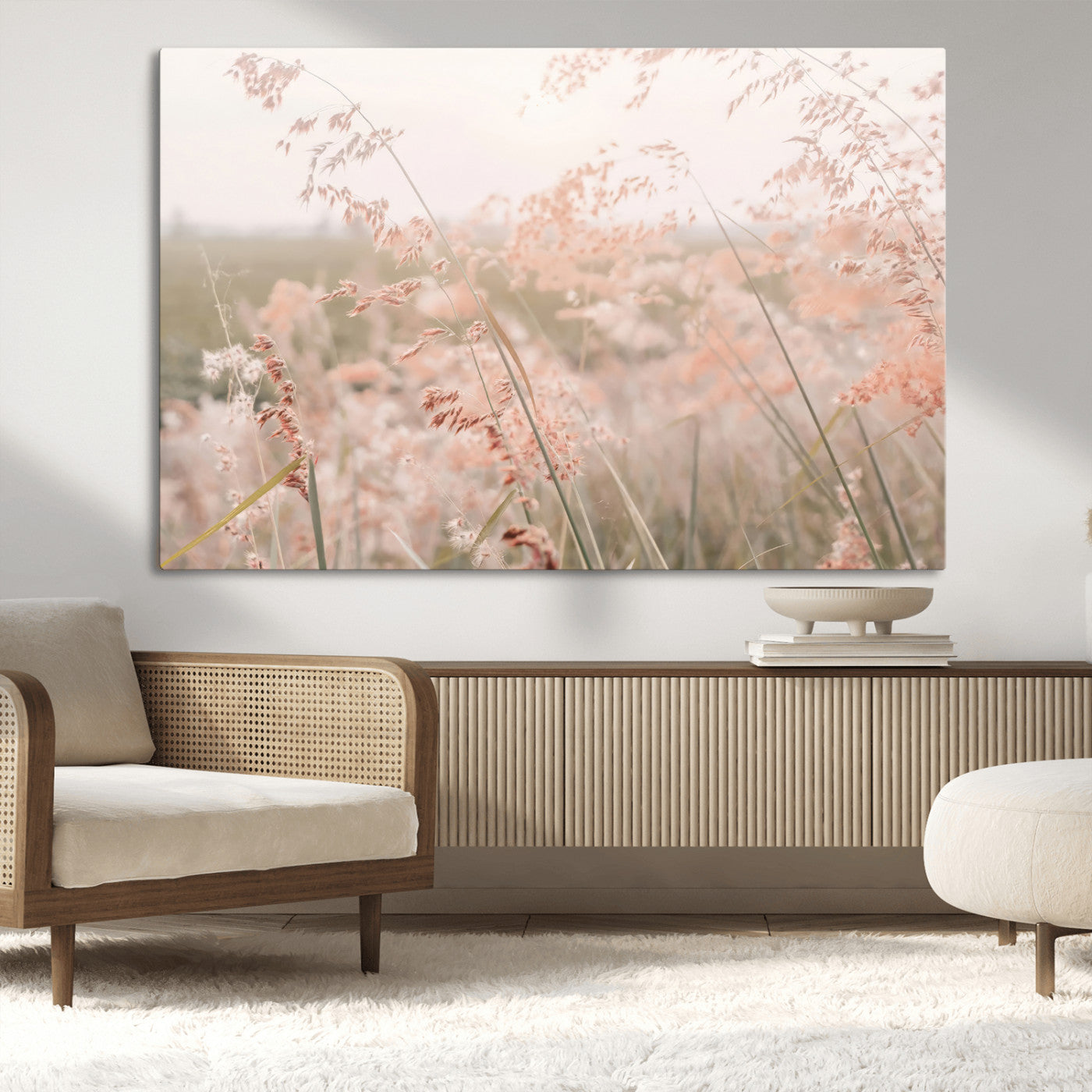 79164340-MGV-CV-36X24-Pastel Grasses Wall Art Canvas Print, Framed Soft Meadow Art Picture Print, Field in Breeze Perfect Pastel Minimal Decor Artwork