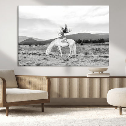 62789800-MGV-CV-36X24-White Horse Wall Art Canvas Print, Framed Woman Rider Art Picture Print, Equestrian Pose Perfect Western Boho Decor Artwork