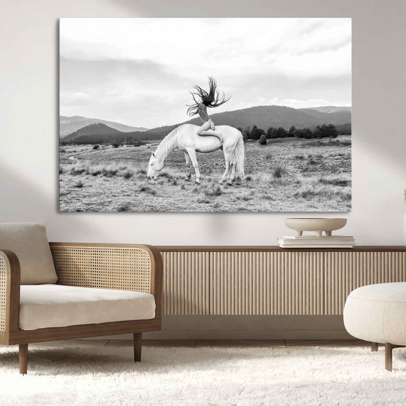 62789800-MGV-CV-36X24-White Horse Wall Art Canvas Print, Framed Woman Rider Art Picture Print, Equestrian Pose Perfect Western Boho Decor Artwork
