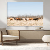 16563092-MGV-CV-36X24-Texas Longhorns Wall Art Canvas Print, Framed Western Cattles Art Picture Print, Rustic Herd Perfect Rustic Farmhouse Decor