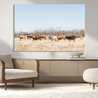 16563092-MGV-CV-36X24-Texas Longhorns Wall Art Canvas Print, Framed Western Cattles Art Picture Print, Rustic Herd Perfect Rustic Farmhouse Decor