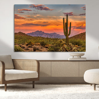 25332783-MGV-CV-36X24-Saguaro Cactus Wall Art Canvas Print, Framed Arizona Sunset Art Picture Print, Sonoran Desert Perfect Southwestern Boho Decor