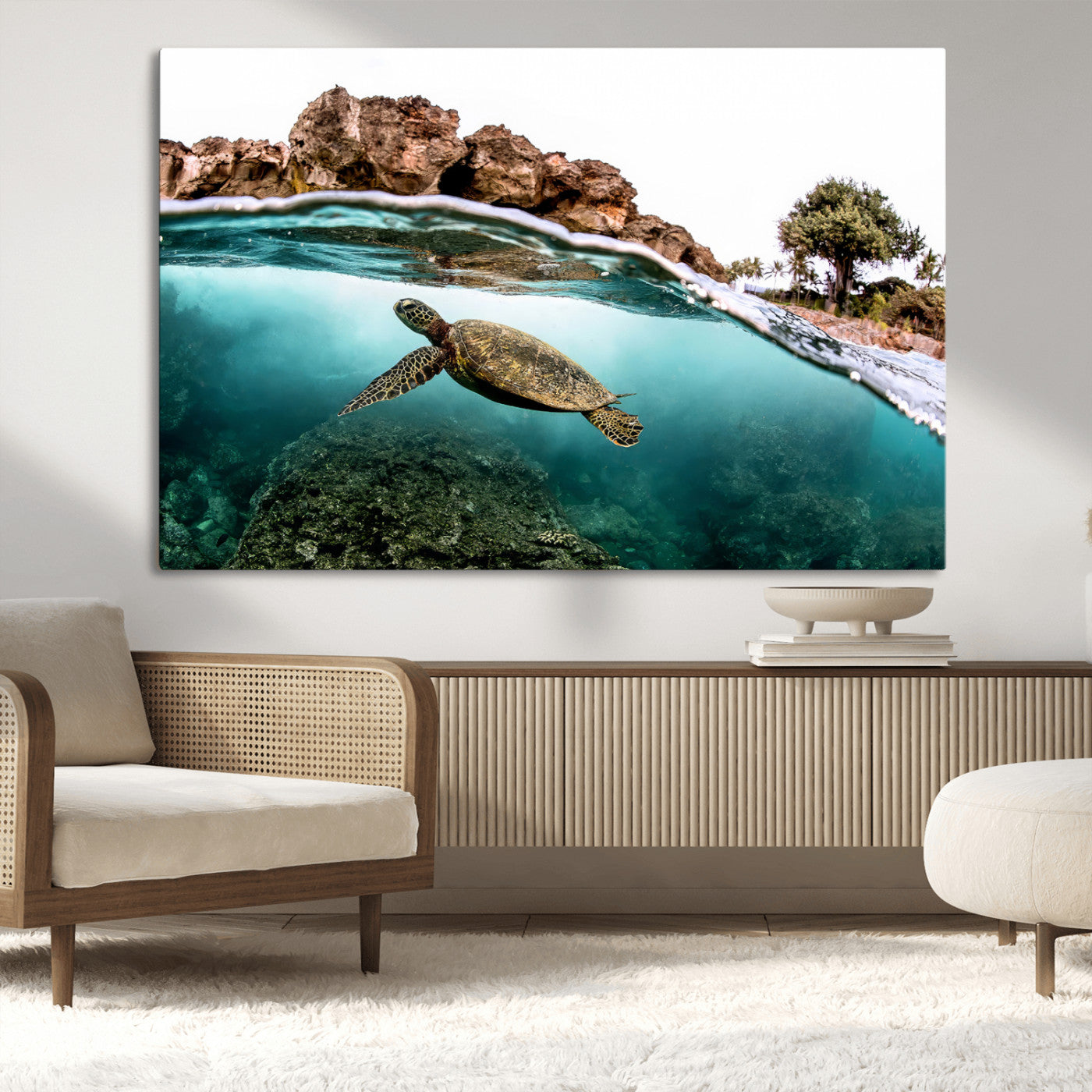 44200301-MGV-CV-36X24-Sea Turtle Swim Wall Art Canvas Print, Framed Ocean Life Art Picture Print, Tropical Shoreline Perfect Tropical Coastal Decor