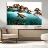 44200301-MGV-CV-36X24-Sea Turtle Swim Wall Art Canvas Print, Framed Ocean Life Art Picture Print, Tropical Shoreline Perfect Tropical Coastal Decor