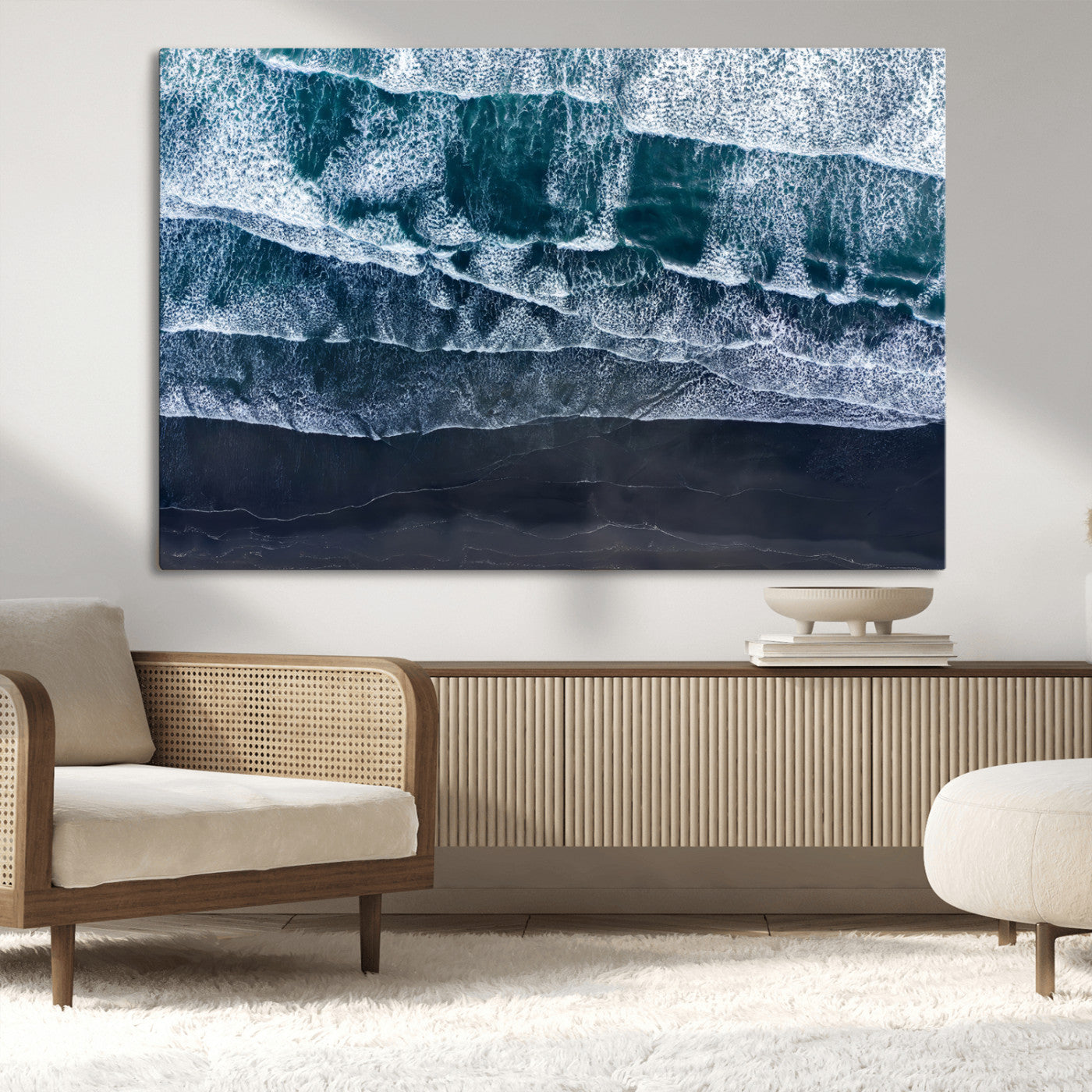 87941475-MGV-CV-36X24-Black Beach Wall Art Canvas Print, Framed Aerial Ocean Art Picture Print, Moody Coastal Perfect Modern Coastal Decor Artwork
