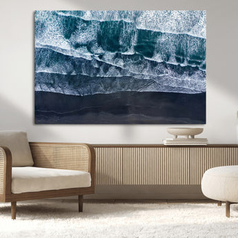 87941475-MGV-CV-36X24-Black Beach Wall Art Canvas Print, Framed Aerial Ocean Art Picture Print, Moody Coastal Perfect Modern Coastal Decor Artwork