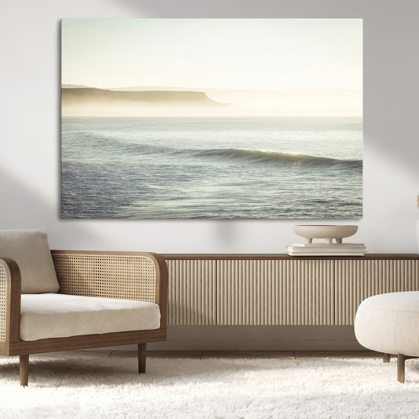 39310633-MGV-CV-36X24-Coastal Cliffs Wall Art Canvas Print, Framed Misty Ocean Art Picture Print, Morning Light Perfect Minimalistic Coastal Decor