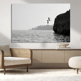 52284302-MGV-CV-36X24-Cliff Jumping Wall Art Canvas Print, Framed Ocean Adventure Art Picture Print, Black White Coast Perfect Modern Coastal Decor