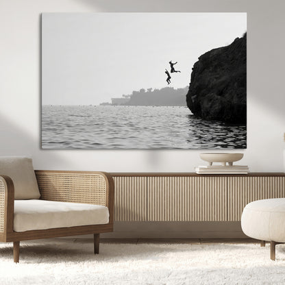 52284302-MGV-CV-36X24-Cliff Jumping Wall Art Canvas Print, Framed Ocean Adventure Art Picture Print, Black White Coast Perfect Modern Coastal Decor