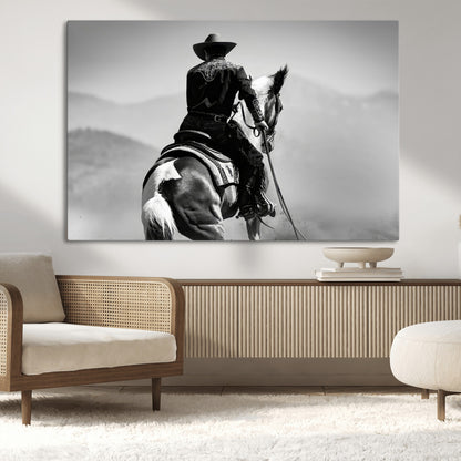 83102464-MGV-CV-36X24-Western Cowboy Wall Art Canvas Print, Framed Monochrome Horse Art Picture Print, Western Equestrian Perfect Rustic Western Decor