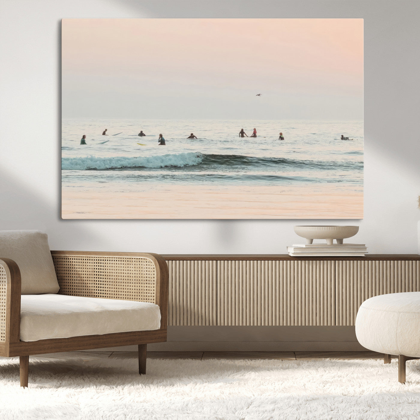 98888919-MGV-CV-36X24-Pastel Ocean Wall Art Canvas Print, Framed Soft Sunset Swimming Art Picture Print, Calm Sea Horizon Perfect Soft Coastal