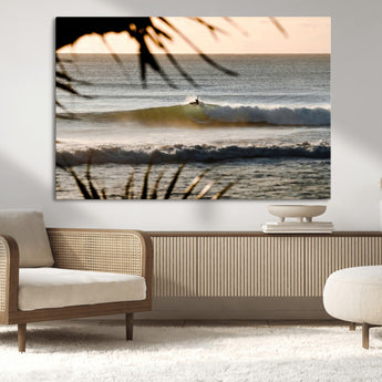 24896468-MGV-CV-36X24-Sunset Surf Wall Art Canvas Print, Framed Golden Waves Art Picture Print, Tropical Ocean Perfect Tropical Boho Decor Artwork