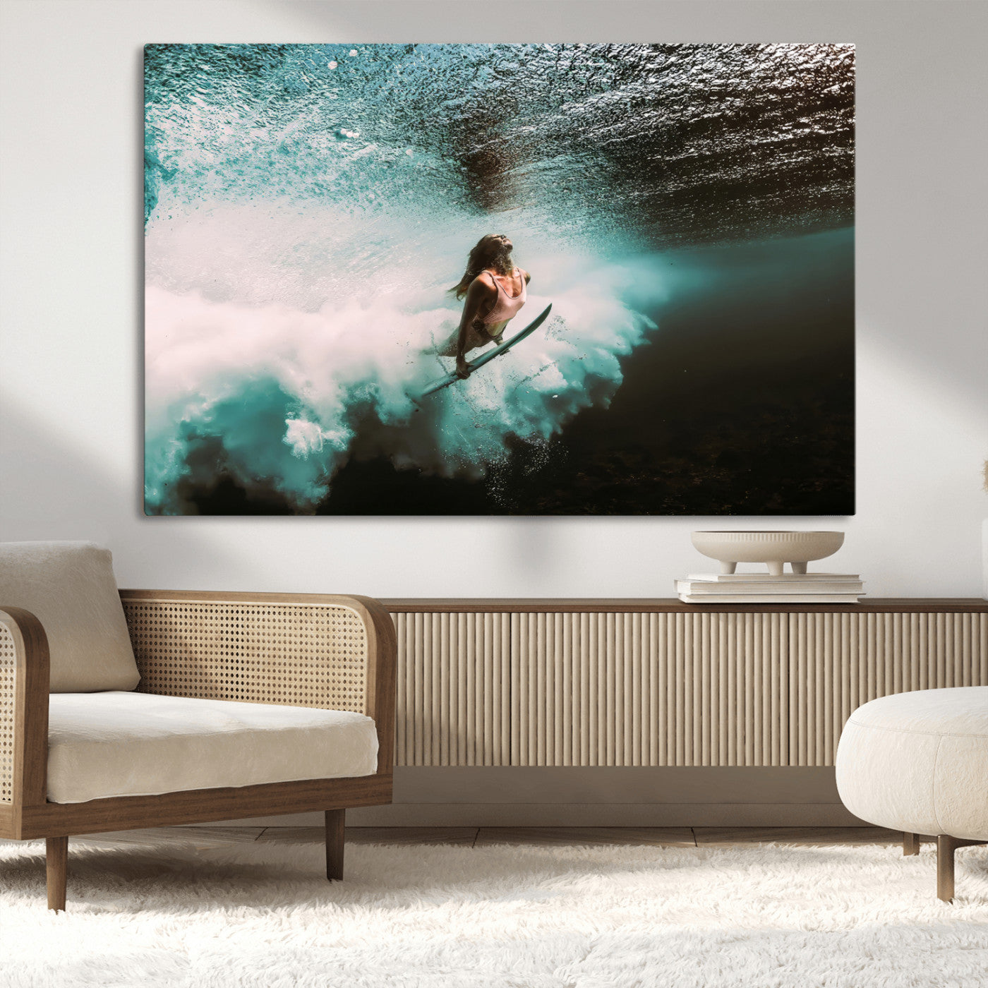 85923512-MGV-CV-36X24-Aquatic Motion Wall Art Canvas Print, Framed Underwater Swimming Art Picture Print, Female Surfer Diving Perfect Coastal Boho
