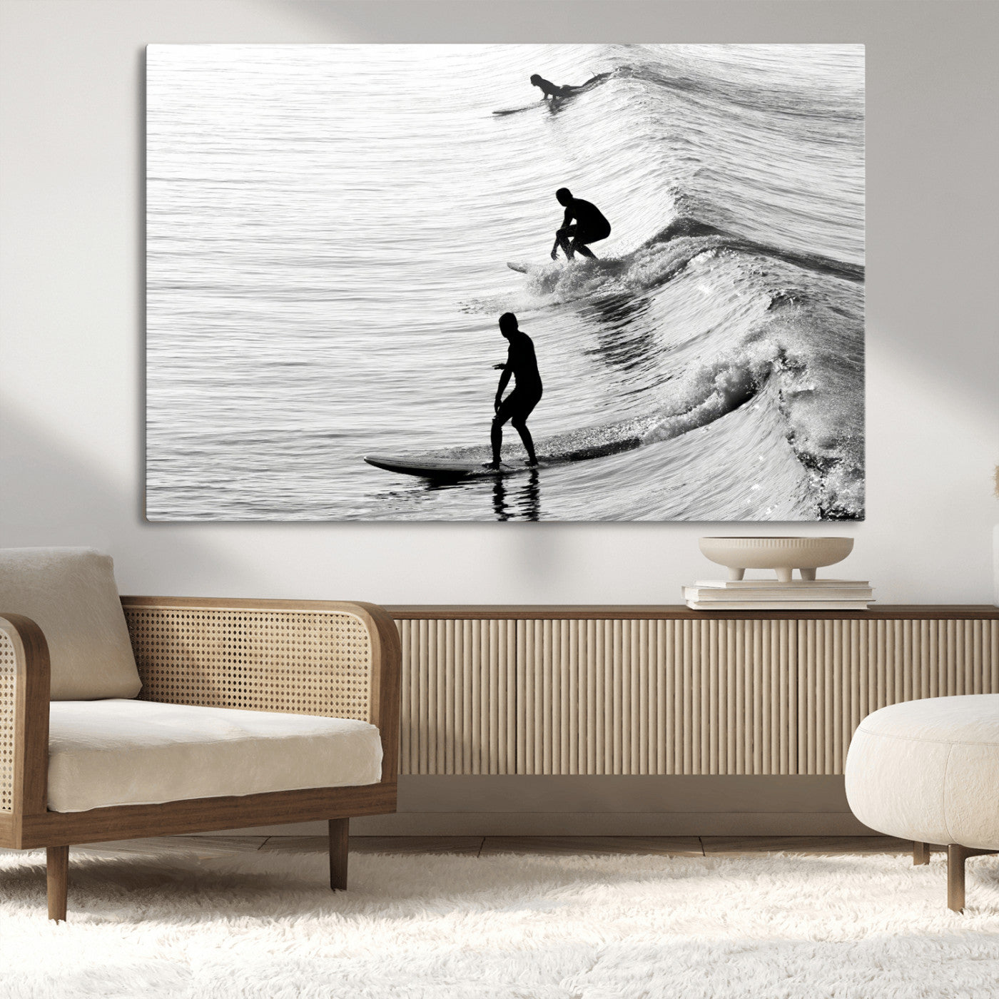 19875284-MGV-CV-36X24-Surfer Waves Wall Art Canvas Print, Framed Black White Surf Art Picture Print, Monochrome Ocean Perfect Modern Coastal Decor