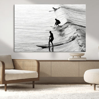 19875284-MGV-CV-36X24-Surfer Waves Wall Art Canvas Print, Framed Black White Surf Art Picture Print, Monochrome Ocean Perfect Modern Coastal Decor