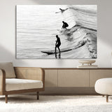 19875284-MGV-CV-36X24-Surfer Waves Wall Art Canvas Print, Framed Black White Surf Art Picture Print, Monochrome Ocean Perfect Modern Coastal Decor