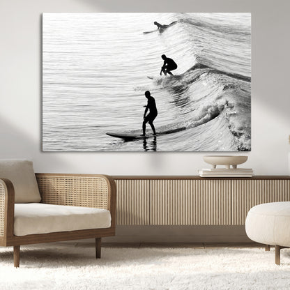19875284-MGV-CV-36X24-Surfer Waves Wall Art Canvas Print, Framed Black White Surf Art Picture Print, Monochrome Ocean Perfect Modern Coastal Decor
