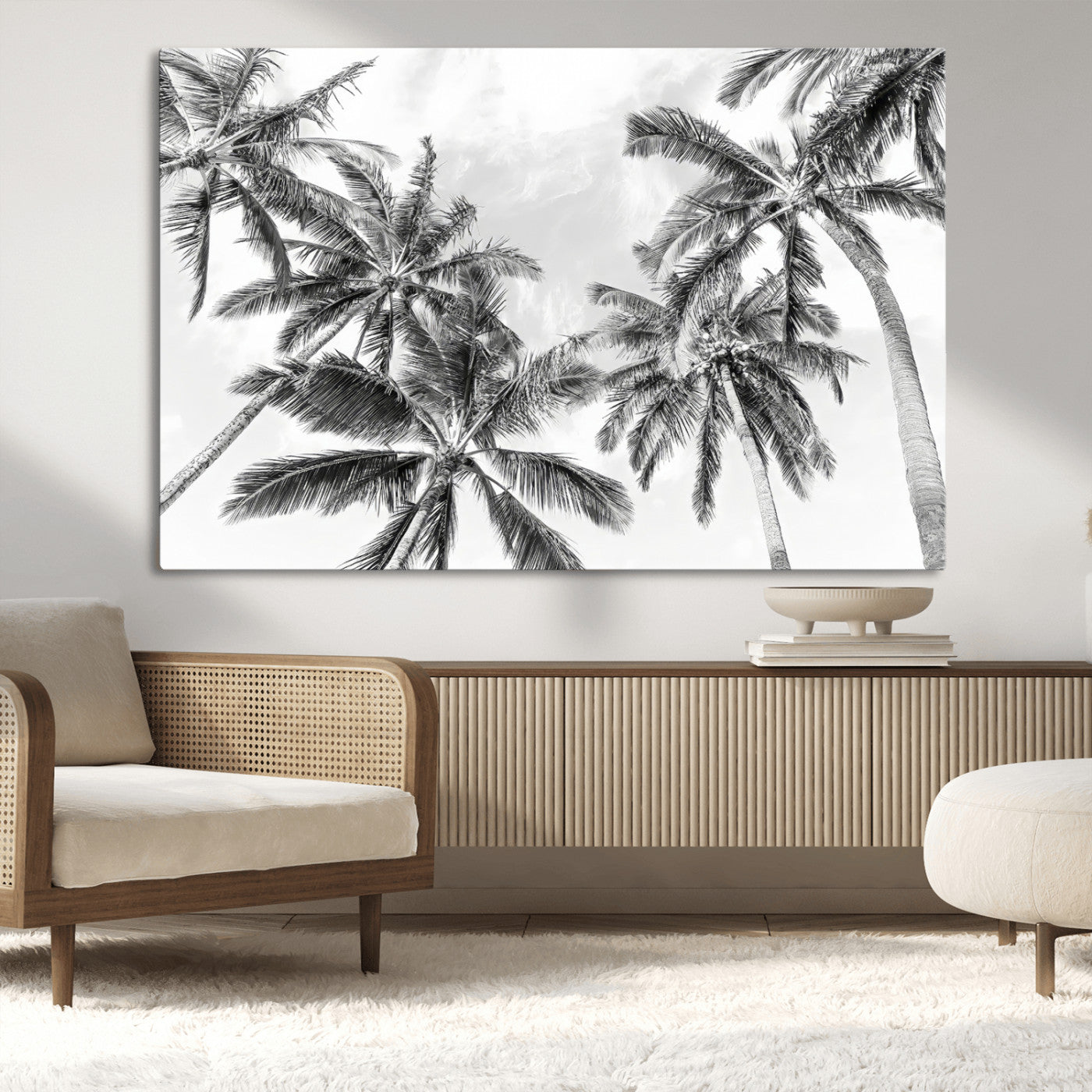62113786-MGV-CV-36X24-Black White Palm Wall Art Canvas Print, Framed Monochrome Tropics Art Picture Print, Minimalist Beach Perfect Coastal Minimalist