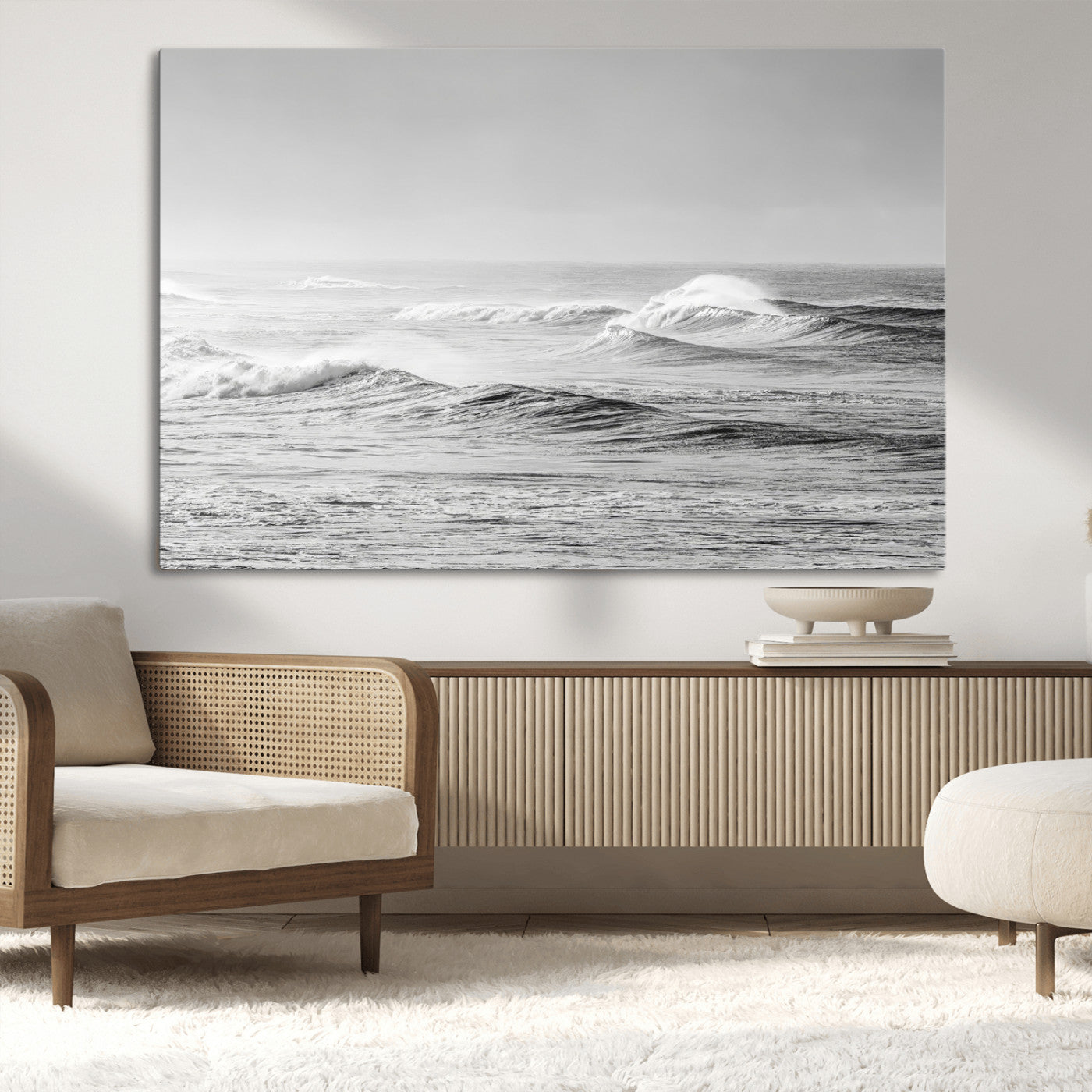 98634812-MGV-CV-36X24-Black and White Ocean Waves Wall Art – Minimalist Sea Canvas Print, Coastal Photography Decor for Living Room, Bedroom or Office