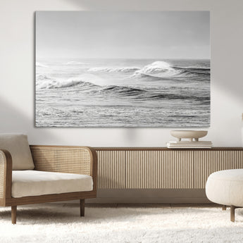 98634812-MGV-CV-36X24-Black and White Ocean Waves Wall Art – Minimalist Sea Canvas Print, Coastal Photography Decor for Living Room, Bedroom or Office