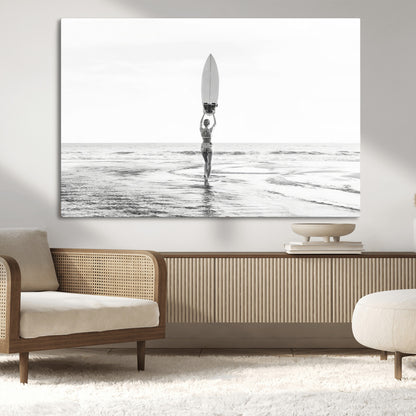 98446901-MGV-CV-36X24-Monochrome Surf Wall Art Canvas Print, Framed Minimalist Surfer Art Picture Print, Surfboard Silhouette Perfect Coastal Minimalist