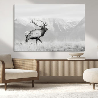 62278753-MGV-CV-36X24-Monochrome Elk Wall Art Canvas Print, Framed Mountain Wildlife Art Picture Print, Rustic Nature Perfect Rustic Minimalist Decor