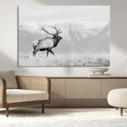 62278753-MGV-CV-36X24-Monochrome Elk Wall Art Canvas Print, Framed Mountain Wildlife Art Picture Print, Rustic Nature Perfect Rustic Minimalist Decor