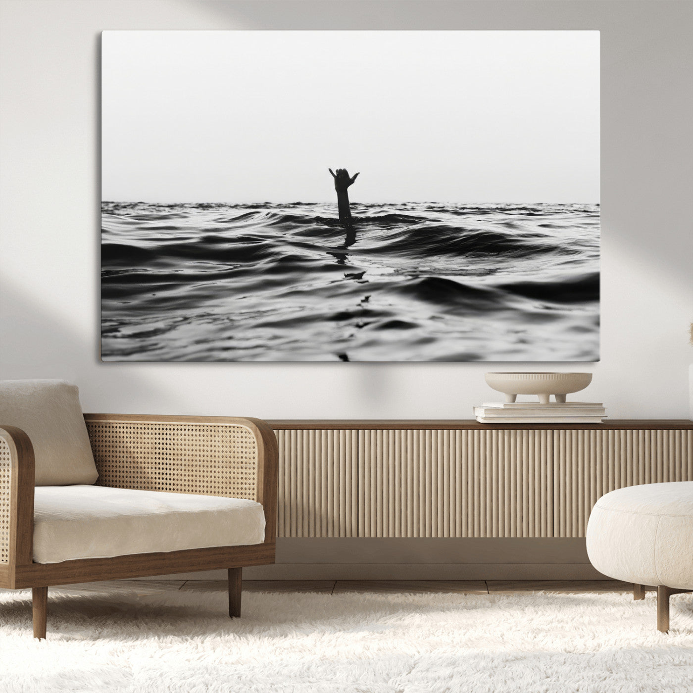 69541918-MGV-CV-36X24-Black White Ocean Wall Art Canvas Print, Framed Moody Seascape Art Picture Print, Surfer Sign Perfect Moody Minimalist Decor