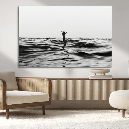 69541918-MGV-CV-36X24-Black White Ocean Wall Art Canvas Print, Framed Moody Seascape Art Picture Print, Surfer Sign Perfect Moody Minimalist Decor